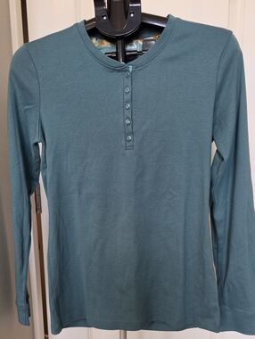L.L.Bean Women’s Ribbed Henley Long Sleeve Top Size Small Tall Teal Cotton